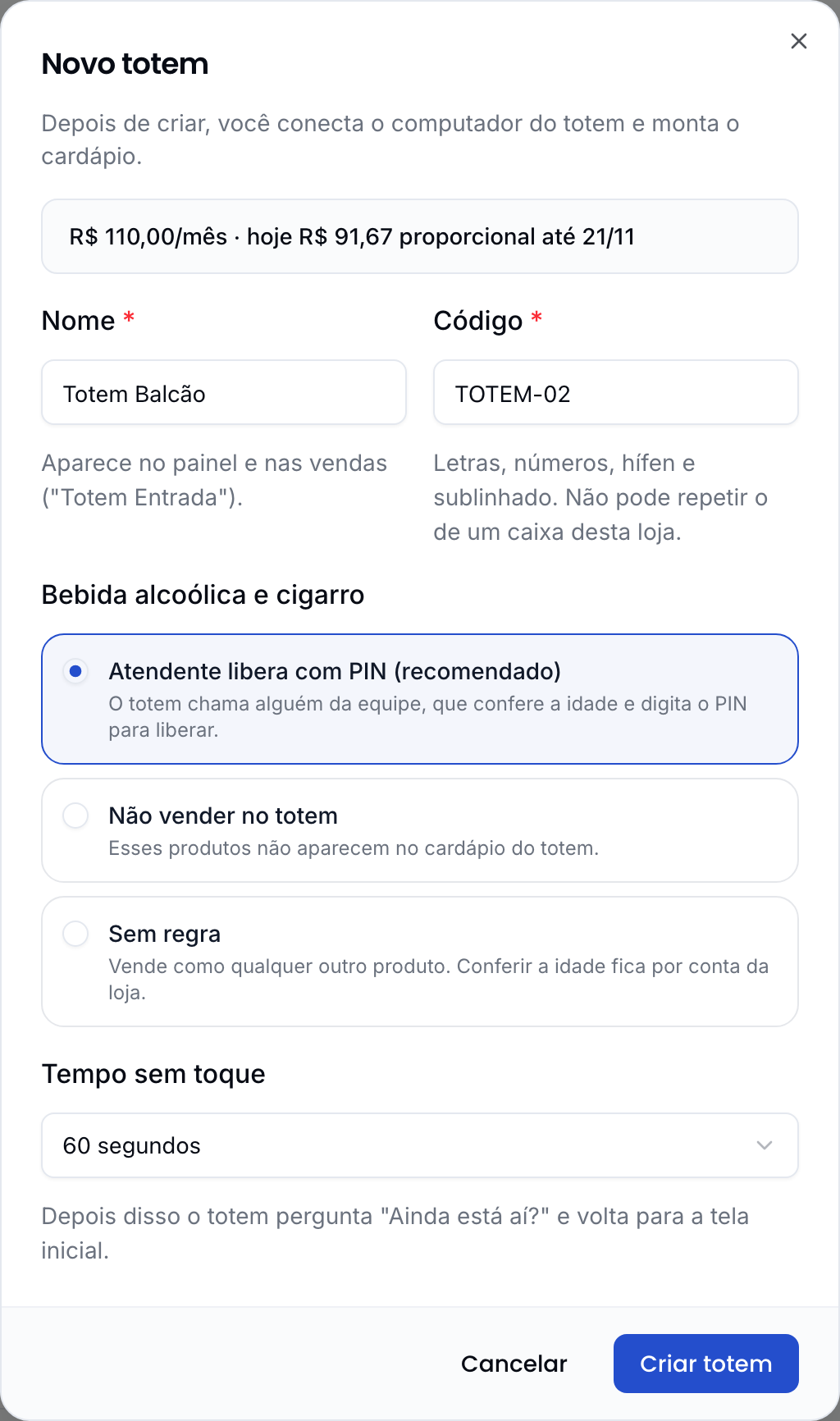Formulário Novo totem com o preço do adicional, nome, código, a regra de bebida alcoólica e cigarro e o tempo sem toque