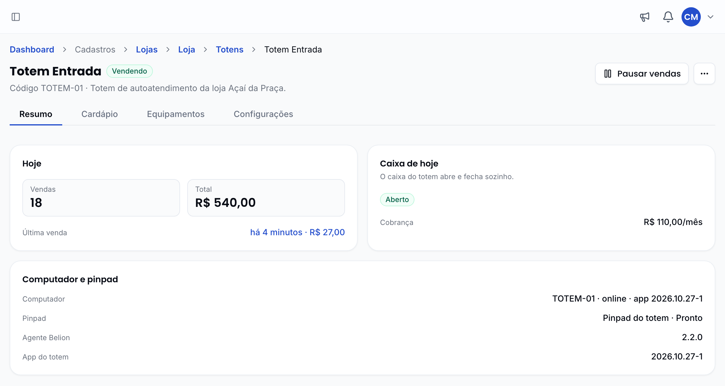 Página do totem na aba Resumo, com as vendas de hoje, o caixa de hoje e o computador e o pinpad