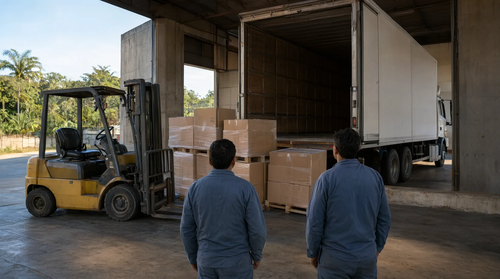 Doca de carregamento de um atacadista com empilhadeira e caminhão