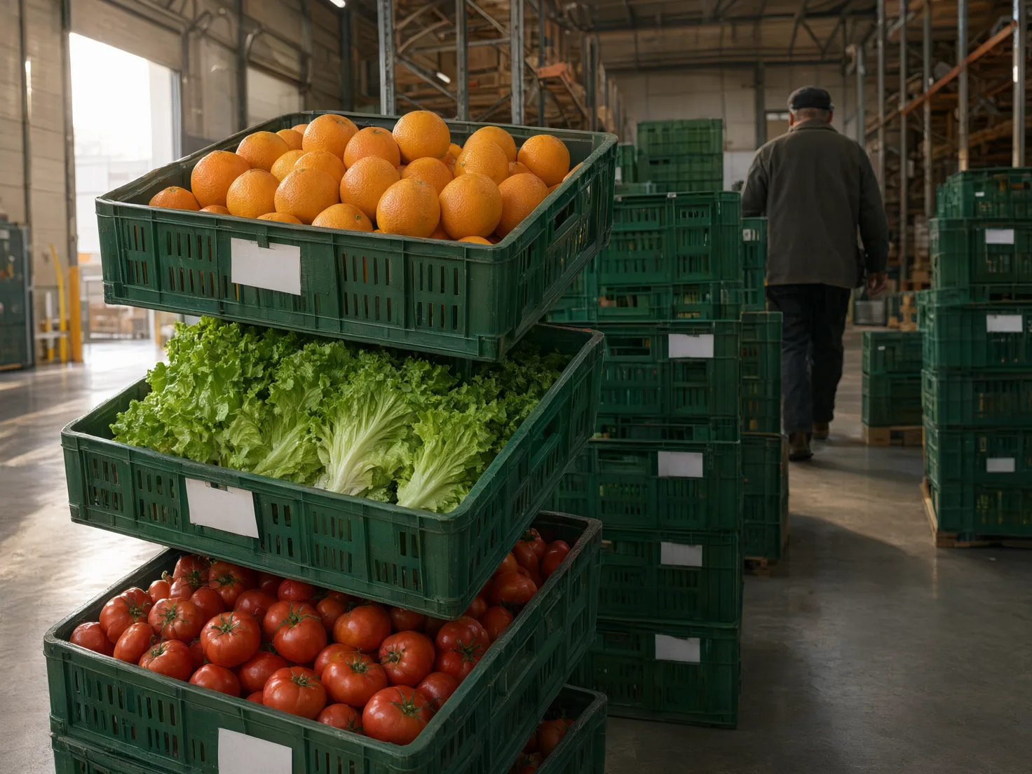 Caixas de hortifrúti etiquetadas no depósito do atacadista
