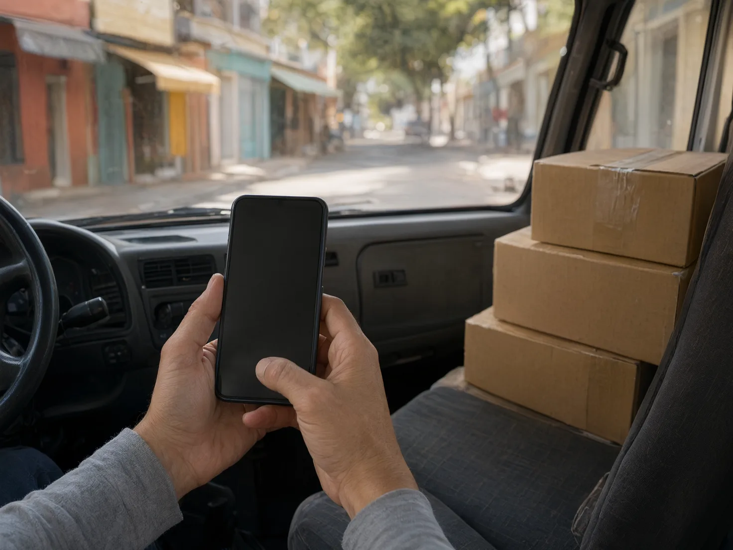 Motorista com o celular na cabine do caminhão de entrega