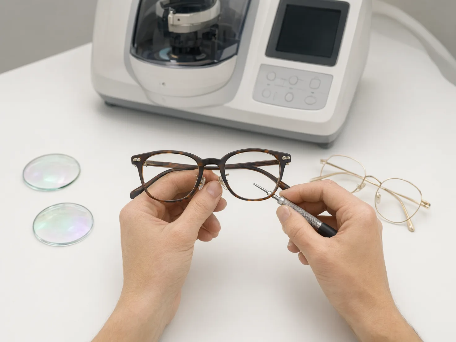Bancada de laboratório óptico com armações e lentes