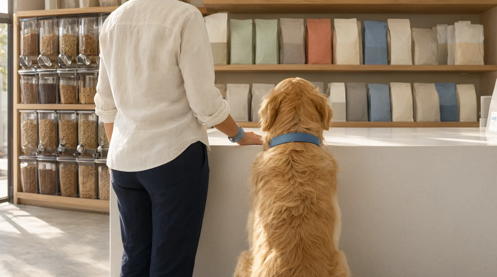 Tutor com o cachorro no balcão do pet shop